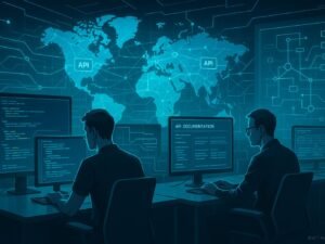 Futuristischer Arbeitsraum mit großen Bildschirmen, Code-Daten und digitaler Weltkarte, die Netzwerkverbindungen zeigt