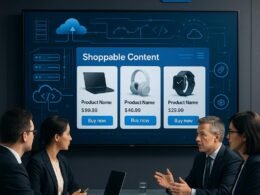 Modernes LinkedIn-Büro mit großem Bildschirm, der interaktive Produktseiten und technische Details zeigt, im Vordergrund Geschäftsleute in formeller Kleidung, im Hintergrund Server, Cloud-Icons und Code-Elemente. Credit: 404 Magazine (Tobias Hager)