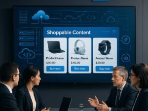 Modernes LinkedIn-Büro mit großem Bildschirm, der interaktive Produktseiten und technische Details zeigt, im Vordergrund Geschäftsleute in formeller Kleidung, im Hintergrund Server, Cloud-Icons und Code-Elemente. Credit: 404 Magazine (Tobias Hager)