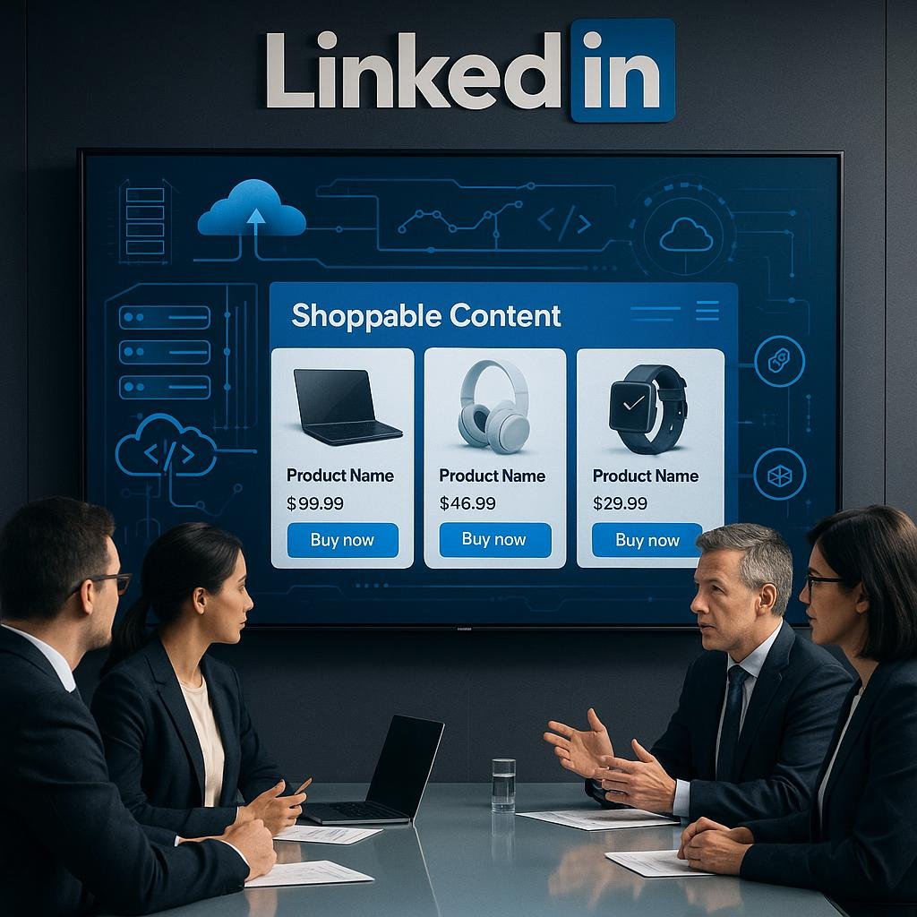 Modernes LinkedIn-Büro mit großem Bildschirm, der interaktive Produktseiten und technische Details zeigt, im Vordergrund Geschäftsleute in formeller Kleidung, im Hintergrund Server, Cloud-Icons und Code-Elemente. Credit: 404 Magazine (Tobias Hager)