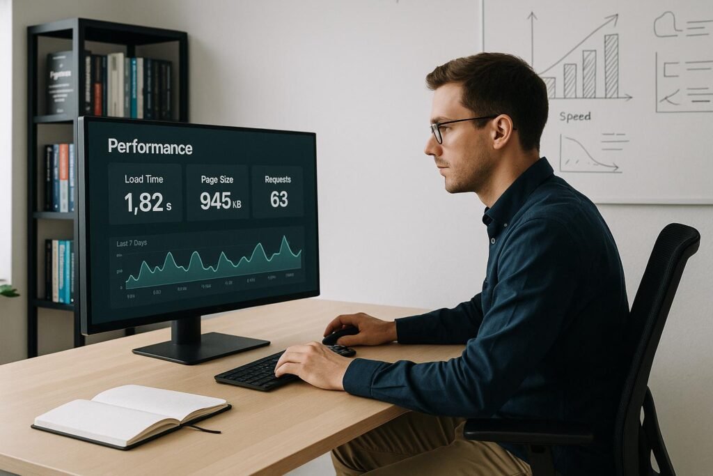 Modernes, minimalistisches Büro mit großem Bildschirm, Person in Business-Casual bei Analyse, Technikbücher und Whiteboard mit Performance-Diagrammen, Credit: 404 Magazine (Tobias Hager)