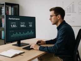 Modernes, minimalistisches Büro mit großem Bildschirm, Person in Business-Casual bei Analyse, Technikbücher und Whiteboard mit Performance-Diagrammen, Credit: 404 Magazine (Tobias Hager)