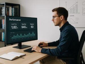 Modernes, minimalistisches Büro mit großem Bildschirm, Person in Business-Casual bei Analyse, Technikbücher und Whiteboard mit Performance-Diagrammen, Credit: 404 Magazine (Tobias Hager)
