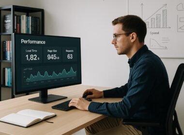 Modernes, minimalistisches Büro mit großem Bildschirm, Person in Business-Casual bei Analyse, Technikbücher und Whiteboard mit Performance-Diagrammen, Credit: 404 Magazine (Tobias Hager)