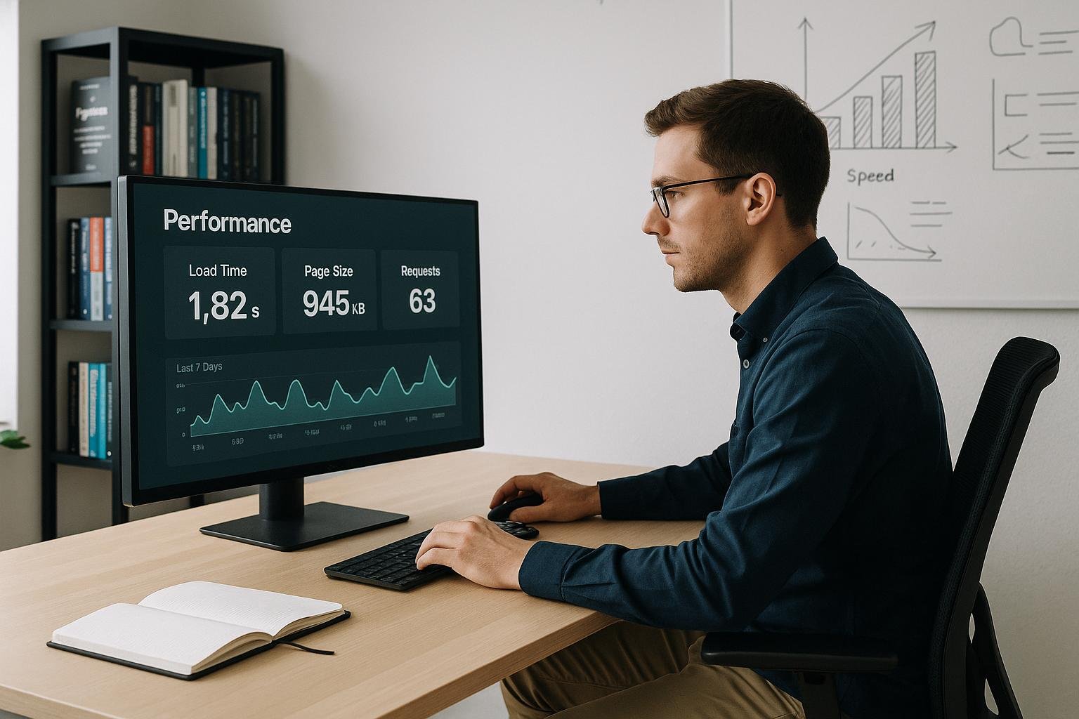 Modernes, minimalistisches Büro mit großem Bildschirm, Person in Business-Casual bei Analyse, Technikbücher und Whiteboard mit Performance-Diagrammen, Credit: 404 Magazine (Tobias Hager)