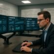 Modernes Büro mit Monitoren, KPIs, Diagrammen und einem Marketing-Manager bei der Datenanalyse, im Hintergrund Whiteboards mit Skizzen zu automatisierten Workflows, helle Beleuchtung und strategische Atmosphäre.