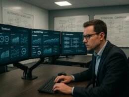 Modernes Büro mit Monitoren, KPIs, Diagrammen und einem Marketing-Manager bei der Datenanalyse, im Hintergrund Whiteboards mit Skizzen zu automatisierten Workflows, helle Beleuchtung und strategische Atmosphäre.