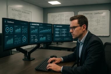 Modernes Büro mit Monitoren, KPIs, Diagrammen und einem Marketing-Manager bei der Datenanalyse, im Hintergrund Whiteboards mit Skizzen zu automatisierten Workflows, helle Beleuchtung und strategische Atmosphäre.