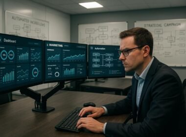 Modernes Büro mit Monitoren, KPIs, Diagrammen und einem Marketing-Manager bei der Datenanalyse, im Hintergrund Whiteboards mit Skizzen zu automatisierten Workflows, helle Beleuchtung und strategische Atmosphäre.