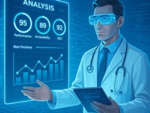 Futuristischer digitaler Arzt präsentiert Analyse-Chart mit holographischen Anzeigen in einem hell erleuchteten Raum