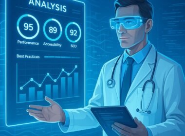 Futuristischer digitaler Arzt präsentiert Analyse-Chart mit holographischen Anzeigen in einem hell erleuchteten Raum