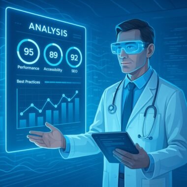 Futuristischer digitaler Arzt präsentiert Analyse-Chart mit holographischen Anzeigen in einem hell erleuchteten Raum