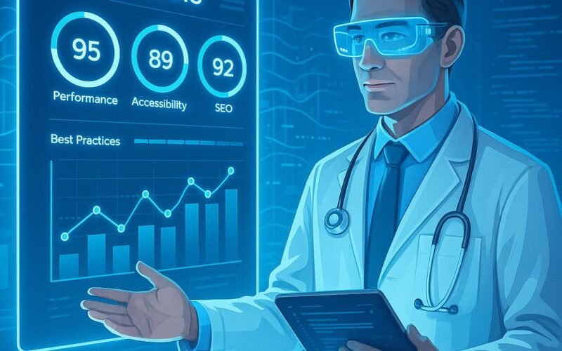 Futuristischer digitaler Arzt präsentiert Analyse-Chart mit holographischen Anzeigen in einem hell erleuchteten Raum