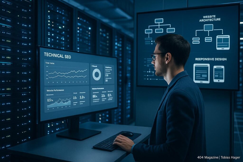 Ein moderner Serverraum mit einem Entwickler, der SEO-Analysen auf einem großen Monitor prüft, umgeben von technischen Diagrammen und mobilen Geräten.
