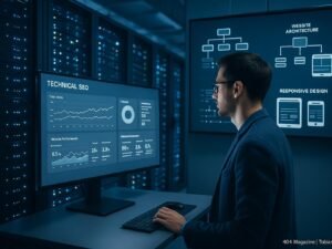 Ein moderner Serverraum mit einem Entwickler, der SEO-Analysen auf einem großen Monitor prüft, umgeben von technischen Diagrammen und mobilen Geräten.