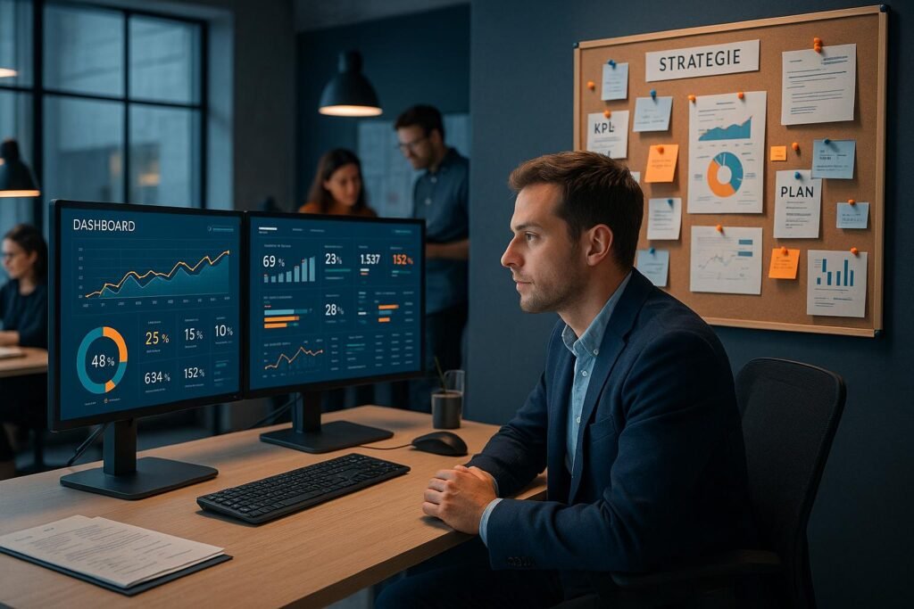 Modernes Büro mit mehreren Bildschirmen, einem Marketer im Vordergrund und einem Team im Hintergrund, alle umgeben von Dashboards, KPIs und strategischen Notizen, in kühlem Blau, Grau und orange Akzenten. Credit: 404 Magazine (Tobias Hager)