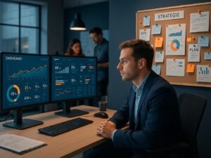 Modernes Büro mit mehreren Bildschirmen, einem Marketer im Vordergrund und einem Team im Hintergrund, alle umgeben von Dashboards, KPIs und strategischen Notizen, in kühlem Blau, Grau und orange Akzenten. Credit: 404 Magazine (Tobias Hager)