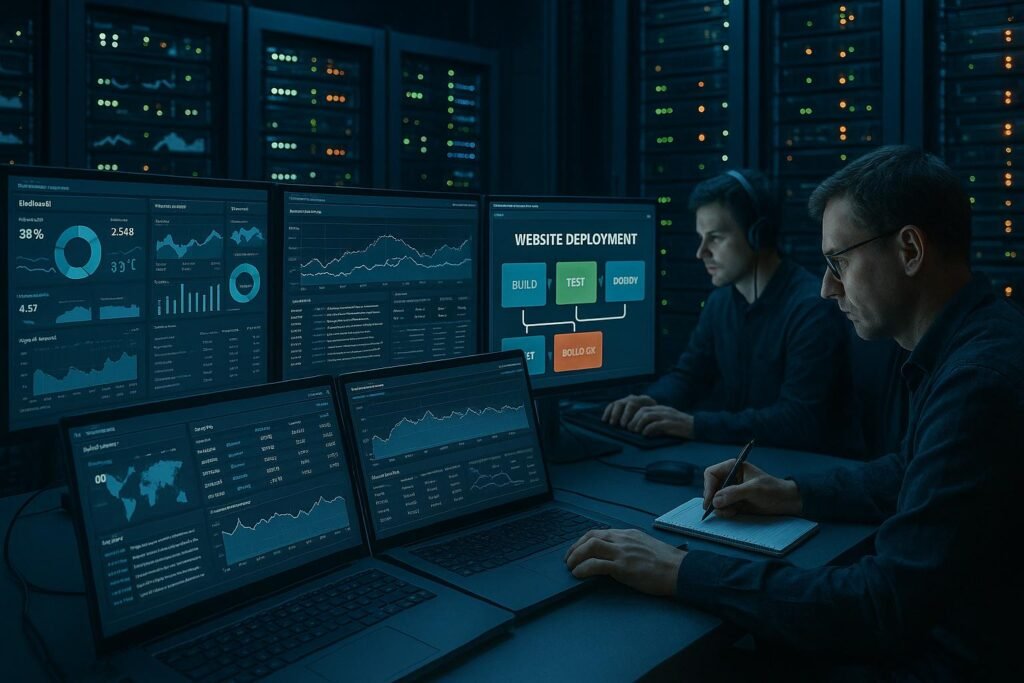 Moderner Serverraum mit Monitoren, Entwicklern und leuchtenden Serverracks, die automatisiertes Website-Deployment und Überwachung zeigen