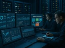 Moderner Serverraum mit Monitoren, Entwicklern und leuchtenden Serverracks, die automatisiertes Website-Deployment und Überwachung zeigen