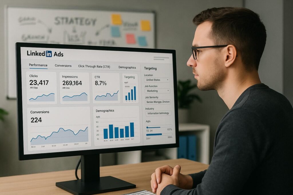 Digitaler Marketer analysiert LinkedIn-Werbedashboards auf einem großen Bildschirm, im Hintergrund ein modernes Büro mit Whiteboard und bunten Sticky Notes, Bildcredit: 404 Magazine (Tobias Hager)