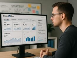 Digitaler Marketer analysiert LinkedIn-Werbedashboards auf einem großen Bildschirm, im Hintergrund ein modernes Büro mit Whiteboard und bunten Sticky Notes, Bildcredit: 404 Magazine (Tobias Hager)