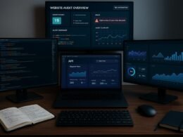 Moderner Computerarbeitsplatz mit mehreren Monitoren, die Code, API-Dashboards und Diagramme anzeigen, im Hintergrund eine große digitale Projektionsfläche mit Website-Überblick, Umgebung mit Tastatur, Maus und Notizbüchern, Credit: 404 Magazine (Tobias Hager)