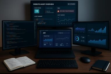 Moderner Computerarbeitsplatz mit mehreren Monitoren, die Code, API-Dashboards und Diagramme anzeigen, im Hintergrund eine große digitale Projektionsfläche mit Website-Überblick, Umgebung mit Tastatur, Maus und Notizbüchern, Credit: 404 Magazine (Tobias Hager)