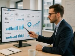 LinkedIn-Analyst vor einem großen Bildschirm mit Dashboards, Charts und KPIs in einem modernen Büroumfeld, Tobias Hager, 404 Magazine