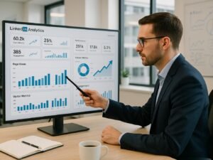 LinkedIn-Analyst vor einem großen Bildschirm mit Dashboards, Charts und KPIs in einem modernen Büroumfeld, Tobias Hager, 404 Magazine