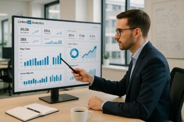 LinkedIn-Analyst vor einem großen Bildschirm mit Dashboards, Charts und KPIs in einem modernen Büroumfeld, Tobias Hager, 404 Magazine