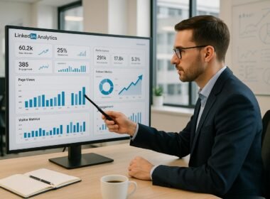 LinkedIn-Analyst vor einem großen Bildschirm mit Dashboards, Charts und KPIs in einem modernen Büroumfeld, Tobias Hager, 404 Magazine