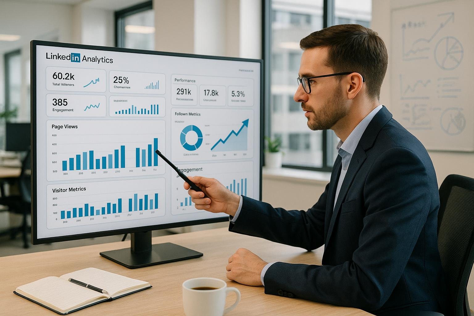 LinkedIn-Analyst vor einem großen Bildschirm mit Dashboards, Charts und KPIs in einem modernen Büroumfeld, Tobias Hager, 404 Magazine