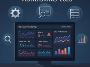 Digitale Arbeitsumgebung mit moderner SEO-Überwachung, Datenvisualisierungen, technischen KPIs und KI-gestützten Automatisierungssymbolen.