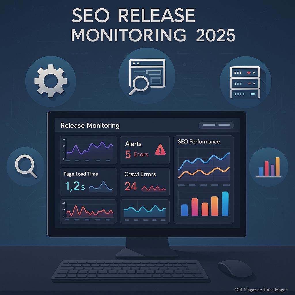 Digitale Arbeitsumgebung mit moderner SEO-Überwachung, Datenvisualisierungen, technischen KPIs und KI-gestützten Automatisierungssymbolen.
