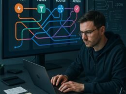 Person arbeitet an einem Laptop in einem modernen, technisch inspirierten Büro mit großem Bildschirm, Workflow-Visualisierung und schematischen Darstellungen von API-Calls und Datenformaten.