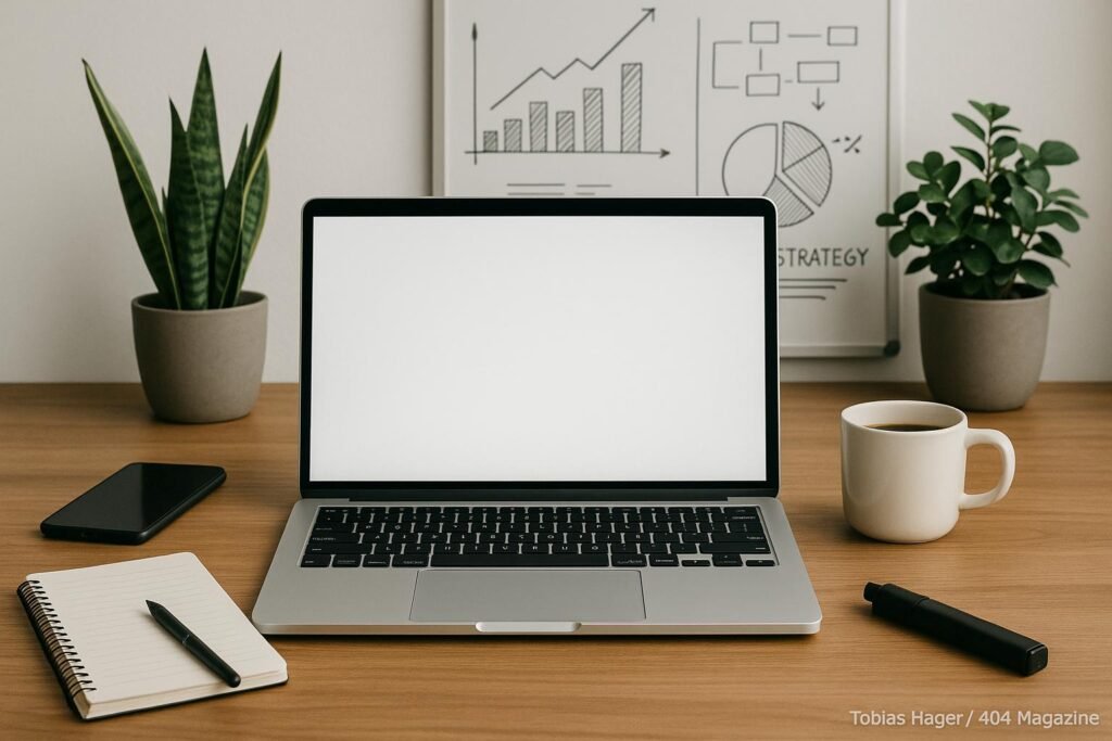 Moderner Büroarbeitsplatz mit großem Laptop, Smartphone, Notizblock, Marker, Kaffeetasse, Pflanzen und Whiteboard mit Diagrammen im Hintergrund.