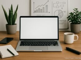 Moderner Büroarbeitsplatz mit großem Laptop, Smartphone, Notizblock, Marker, Kaffeetasse, Pflanzen und Whiteboard mit Diagrammen im Hintergrund.