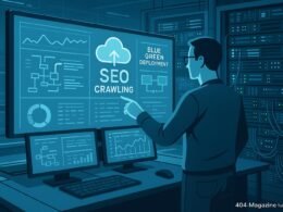 Modernes Büro mit Entwicklern, Monitoren, Server-Racks und digitalen Analyse-Tools im Kontext von SEO und Blue-Green Deployments