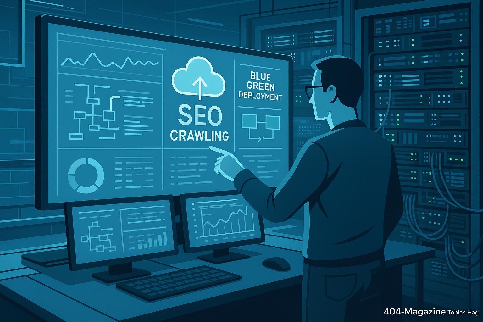Modernes Büro mit Entwicklern, Monitoren, Server-Racks und digitalen Analyse-Tools im Kontext von SEO und Blue-Green Deployments