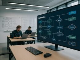 Modernes Büro mit großem Bildschirm, auf dem komplexe Flussdiagramme für Automatisierungsprozesse dargestellt sind, im Hintergrund Entwickler bei der Arbeit, Whiteboards mit Skizzen, helle und futuristische Raumgestaltung