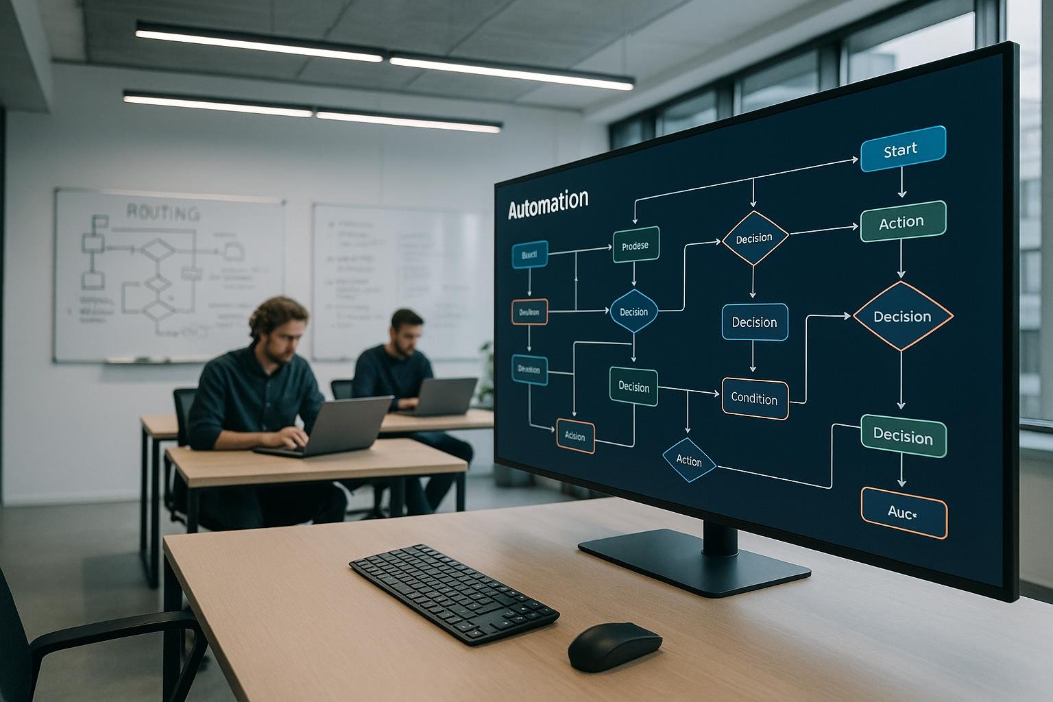 Modernes Büro mit großem Bildschirm, auf dem komplexe Flussdiagramme für Automatisierungsprozesse dargestellt sind, im Hintergrund Entwickler bei der Arbeit, Whiteboards mit Skizzen, helle und futuristische Raumgestaltung