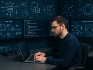 Technikaffiner Profi arbeitet in einem minimalistischen, modernen Arbeitsumfeld mit mehreren Bildschirmen, Datenvisualisierungen und API-Integrationen, symbolisiert die Automatisierung von LinkedIn-Social-Funnels.