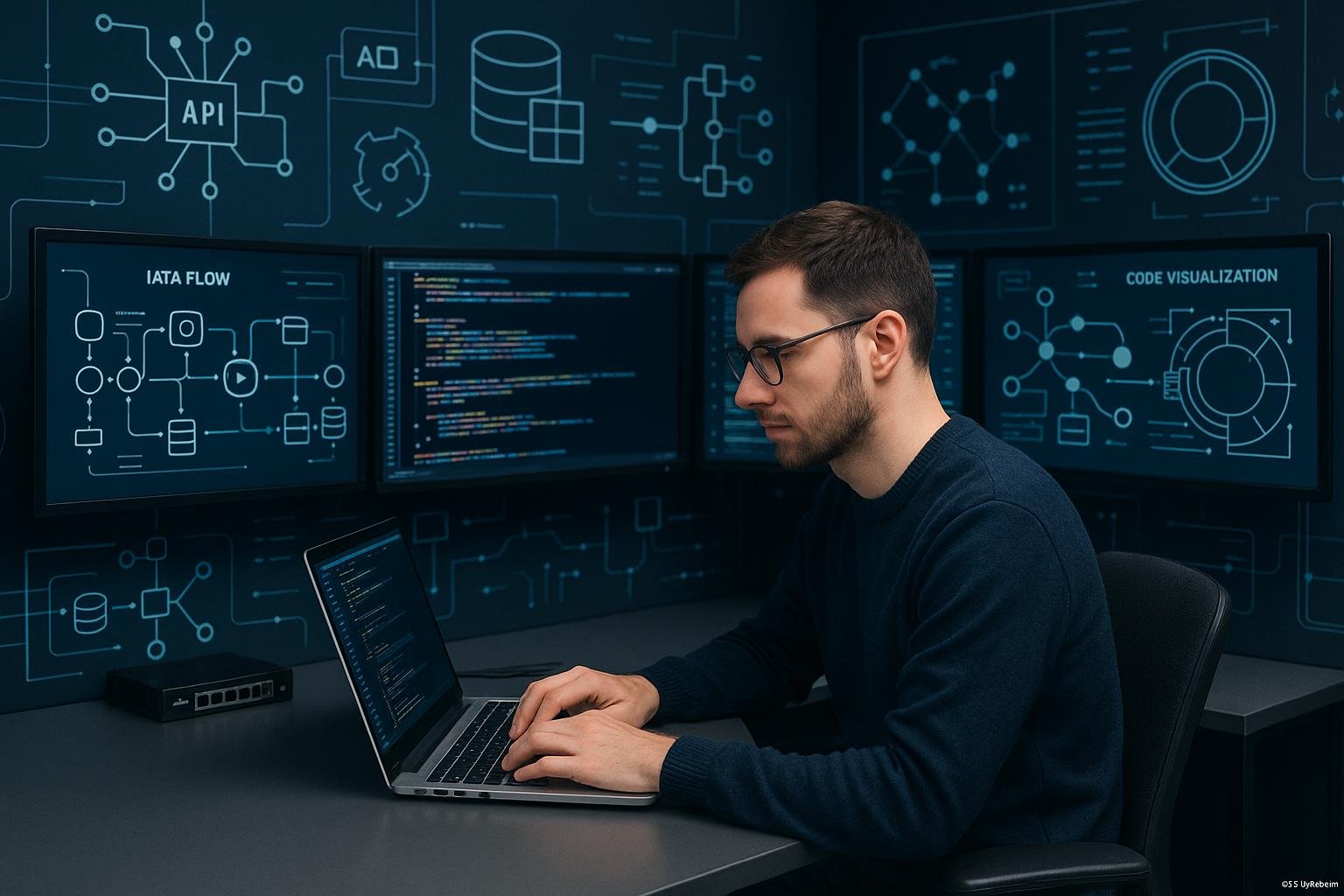 Technikaffiner Profi arbeitet in einem minimalistischen, modernen Arbeitsumfeld mit mehreren Bildschirmen, Datenvisualisierungen und API-Integrationen, symbolisiert die Automatisierung von LinkedIn-Social-Funnels.