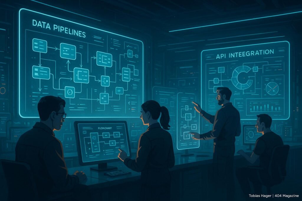 Futuristisches Kontrollzentrum mit holografischen Displays, Ingenieuren und Datenpipelines, das die Meisterschaft in Blueprint-Strategie für Daten-Synchronisation zeigt