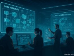 Futuristisches Kontrollzentrum mit holografischen Displays, Ingenieuren und Datenpipelines, das die Meisterschaft in Blueprint-Strategie für Daten-Synchronisation zeigt