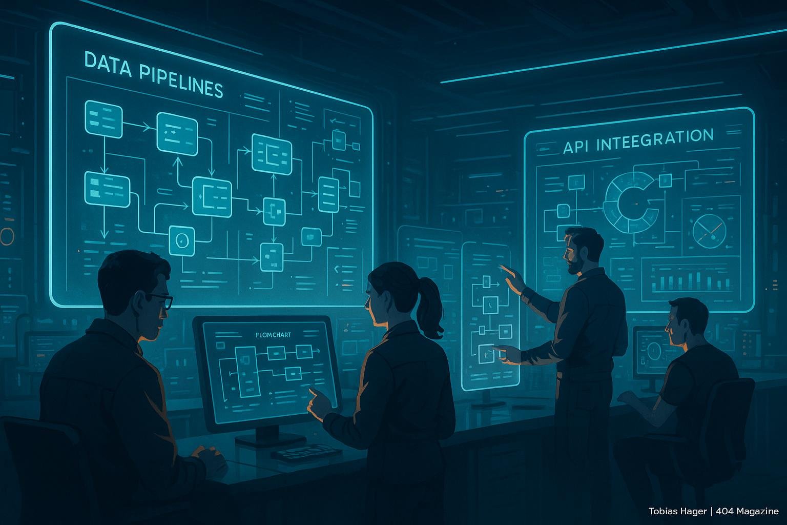 Futuristisches Kontrollzentrum mit holografischen Displays, Ingenieuren und Datenpipelines, das die Meisterschaft in Blueprint-Strategie für Daten-Synchronisation zeigt