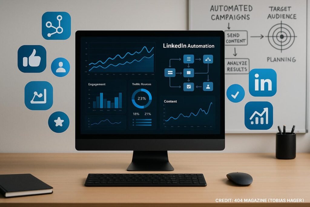 Moderner Arbeitsplatz mit Computerbildschirm, Datenanalyse, Automatisierungs-Workflows, Social-Media-Icons und Whiteboard-Strategien für LinkedIn-Viren