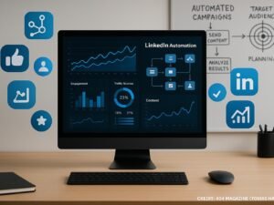 Moderner Arbeitsplatz mit Computerbildschirm, Datenanalyse, Automatisierungs-Workflows, Social-Media-Icons und Whiteboard-Strategien für LinkedIn-Viren