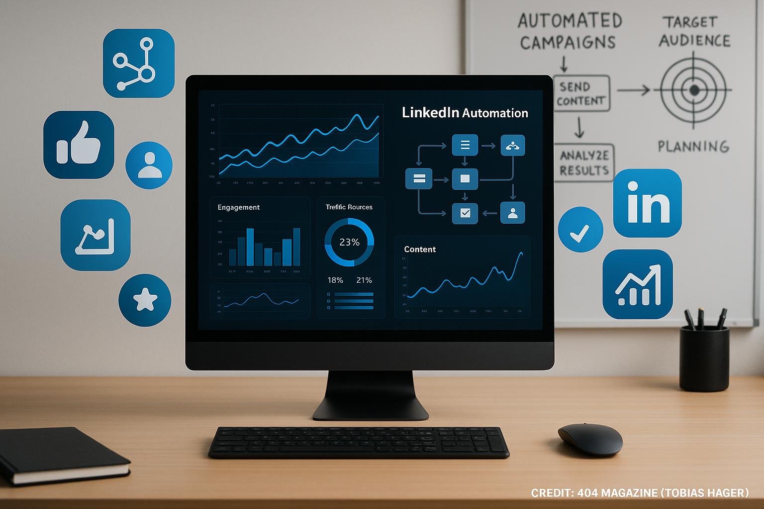 Moderner Arbeitsplatz mit Computerbildschirm, Datenanalyse, Automatisierungs-Workflows, Social-Media-Icons und Whiteboard-Strategien für LinkedIn-Viren