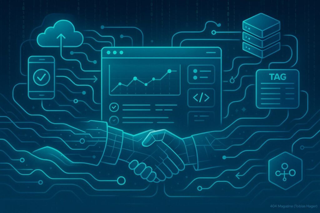Futuristische Netzwerklandschaft mit leuchtenden Datenströmen, digitalen Geräten und Handshakes, die globale Datenverbindung und Kontrolle darstellen.